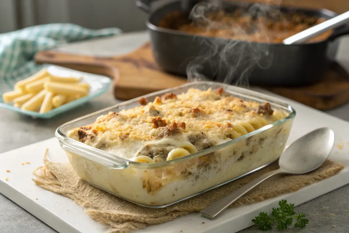 Baked Philly Cheesesteak Pasta with golden melted cheese