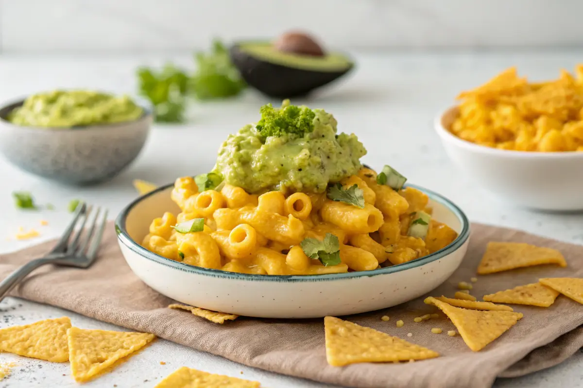 Crushed Guacamole Takis topping a plate of mac and cheese