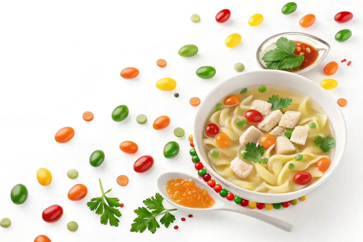 Progresso Soup Drops surrounded by parsley, chicken, and noodles