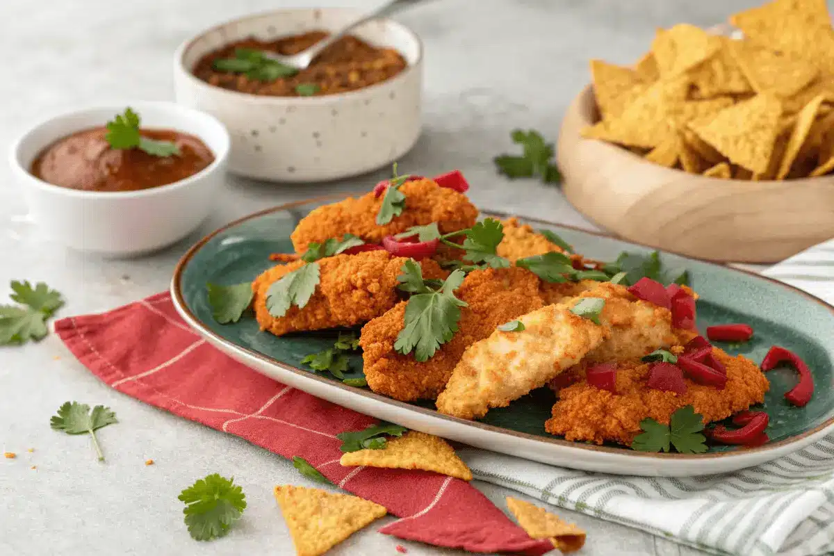 Crispy chicken tenders coated with crushed Spicy Nacho Doritos