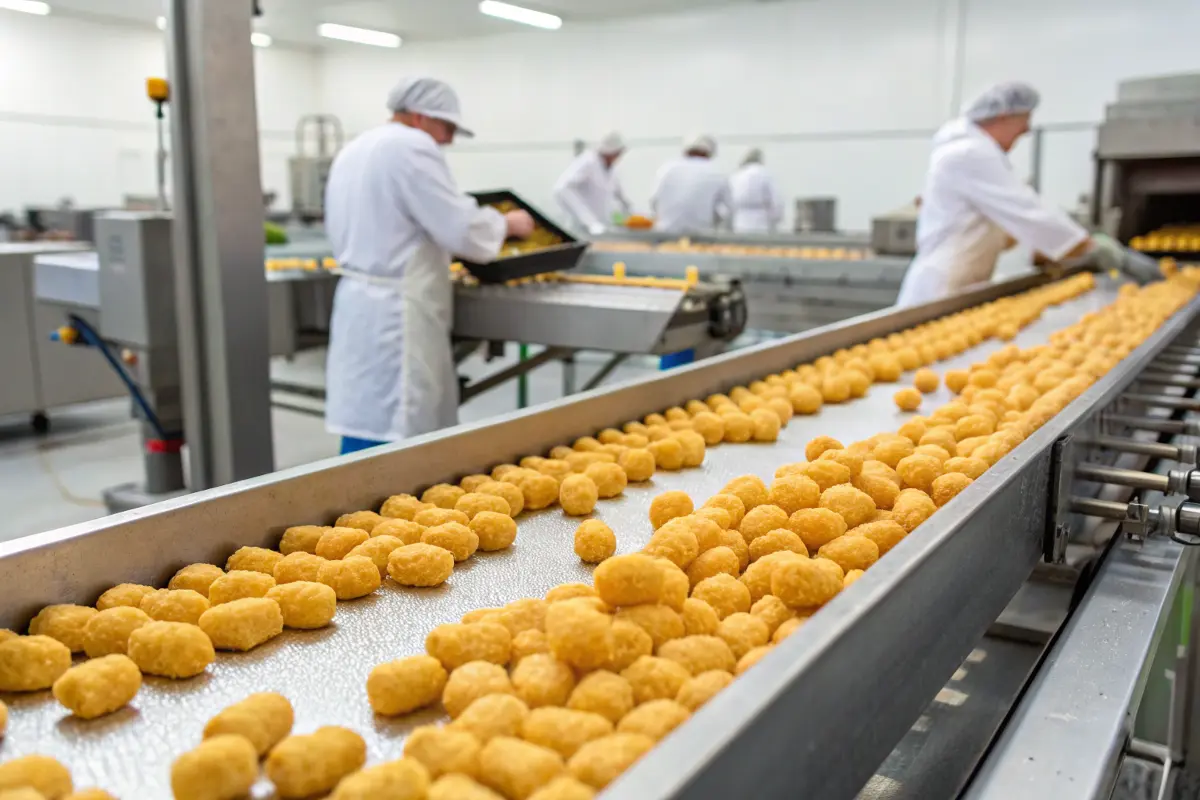 Frozen tater tots being processed on a factory production line