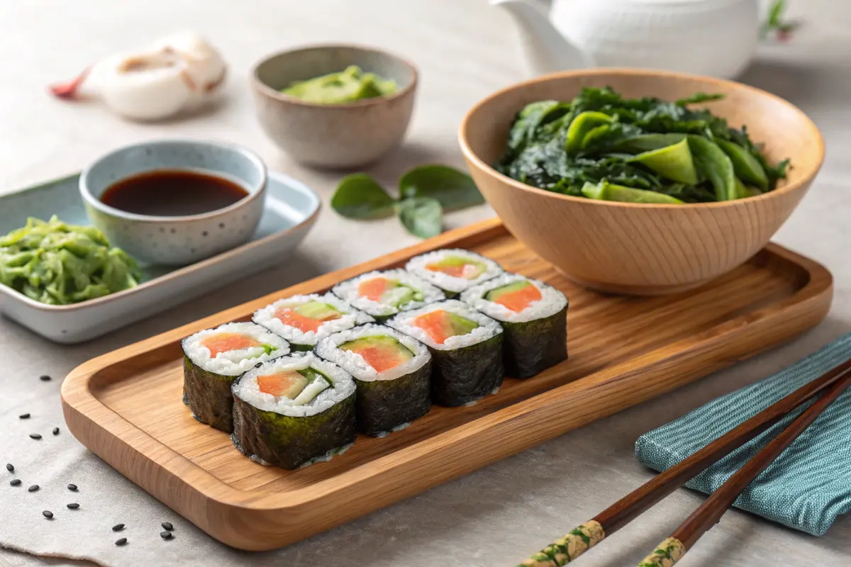  Salmon Avocado Rolls Served with Side Dishes