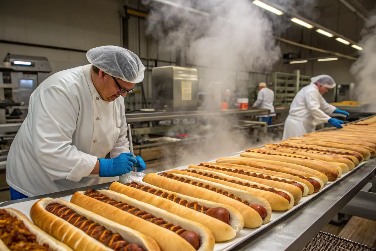 Factory making oversized hot dogs with large sausage casings and machines