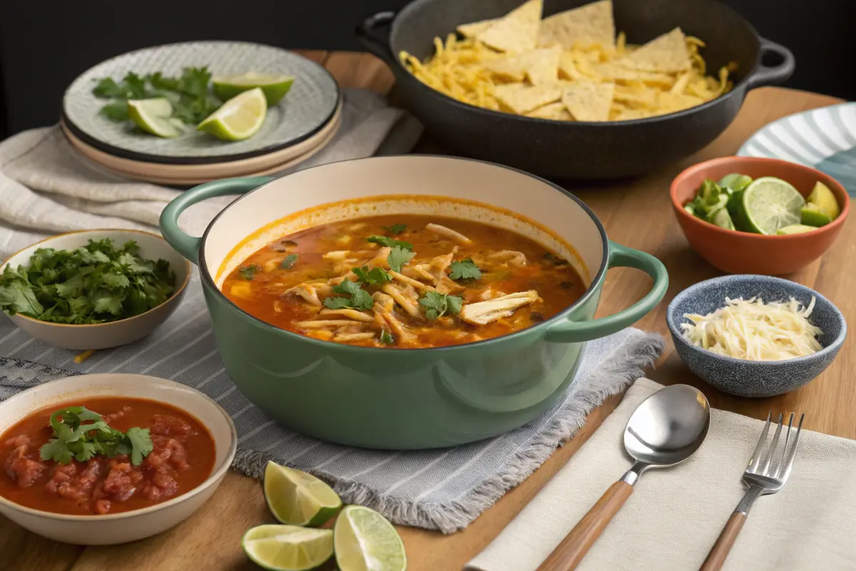 Family-style setup with a pot of healthy chicken tortilla soup and toppings