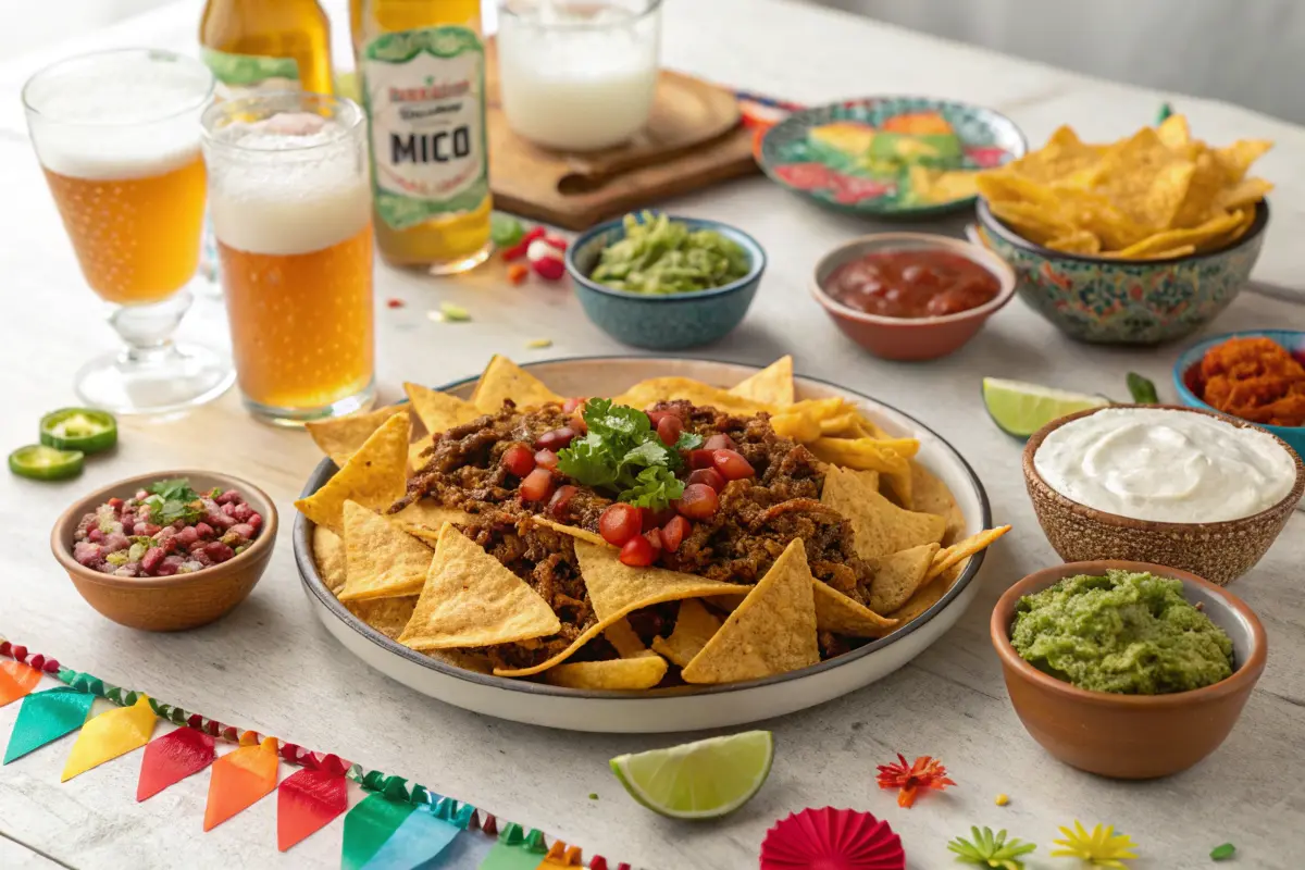 Party table spread with birria nachos and assorted toppings