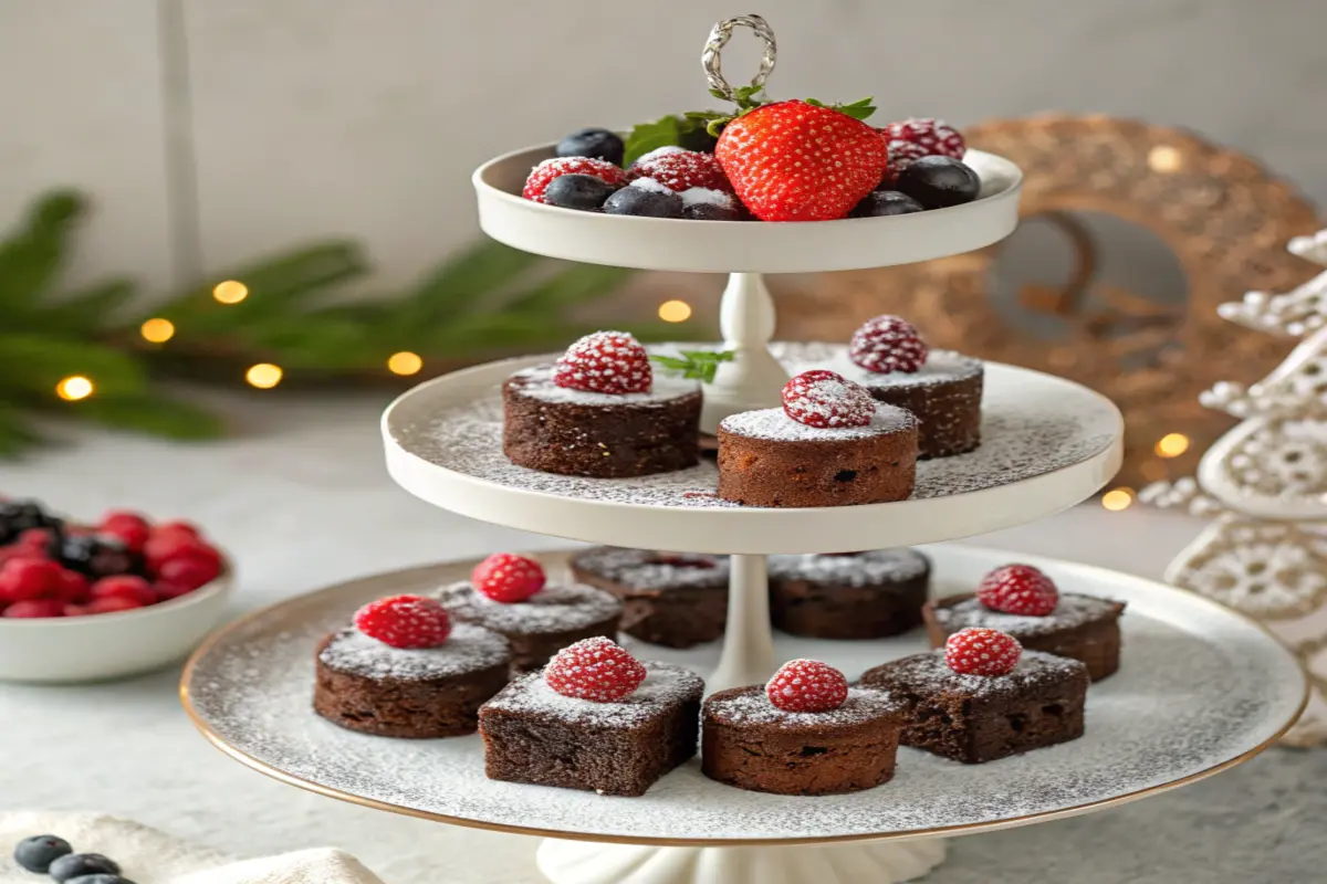 Fudgy brownie bites on a tiered stand with powdered sugar and berries