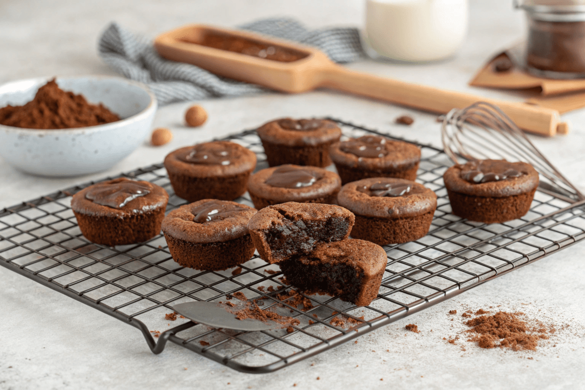 Brownie bites cooling on a wire rack with gooey centers