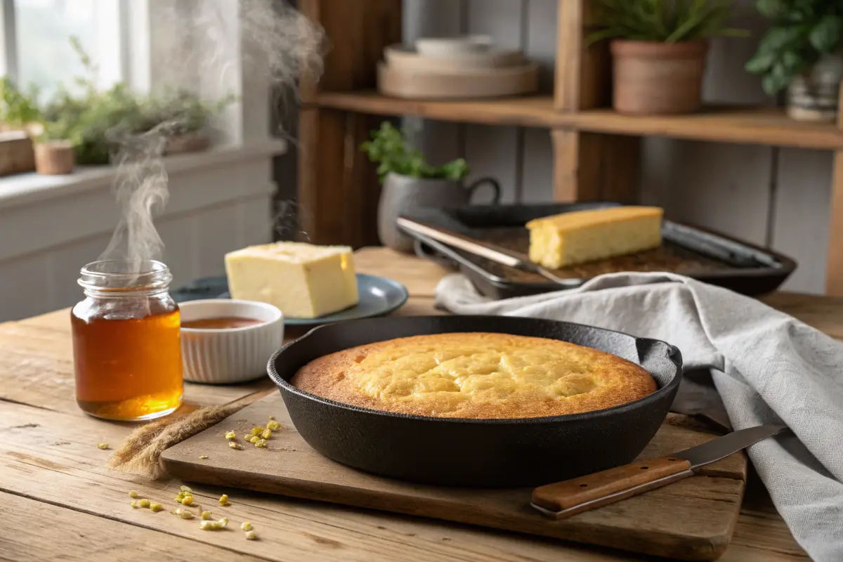 Golden skillet masa cornbread with butter and honey on a wooden table