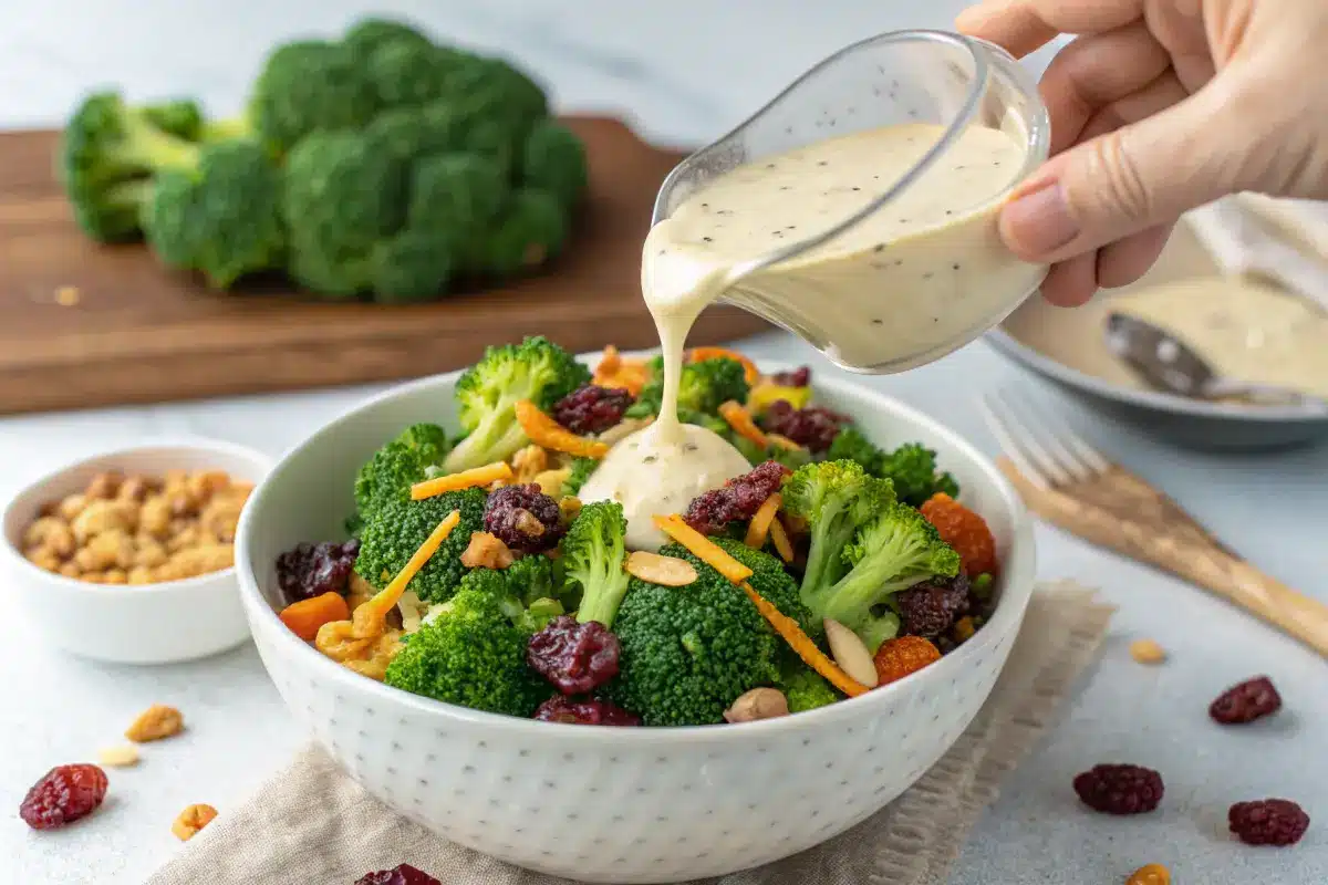 Pouring creamy dressing over broccoli raisin salad