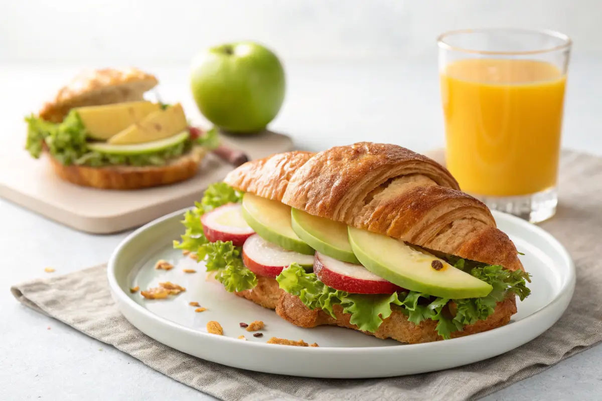 Burger King breakfast with Croissan’wich, apple slices, and orange juice