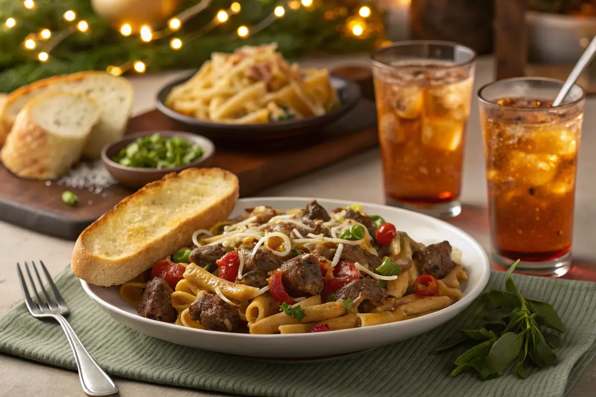 Family-style serving of Philly Cheesesteak Pasta with garlic bread