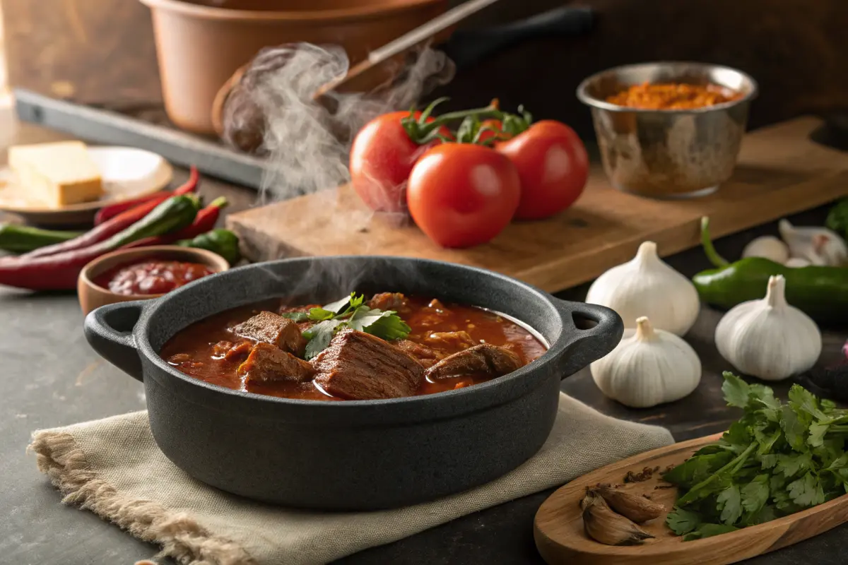 Cooking birria meat in a pot with chilies, tomatoes, and spices