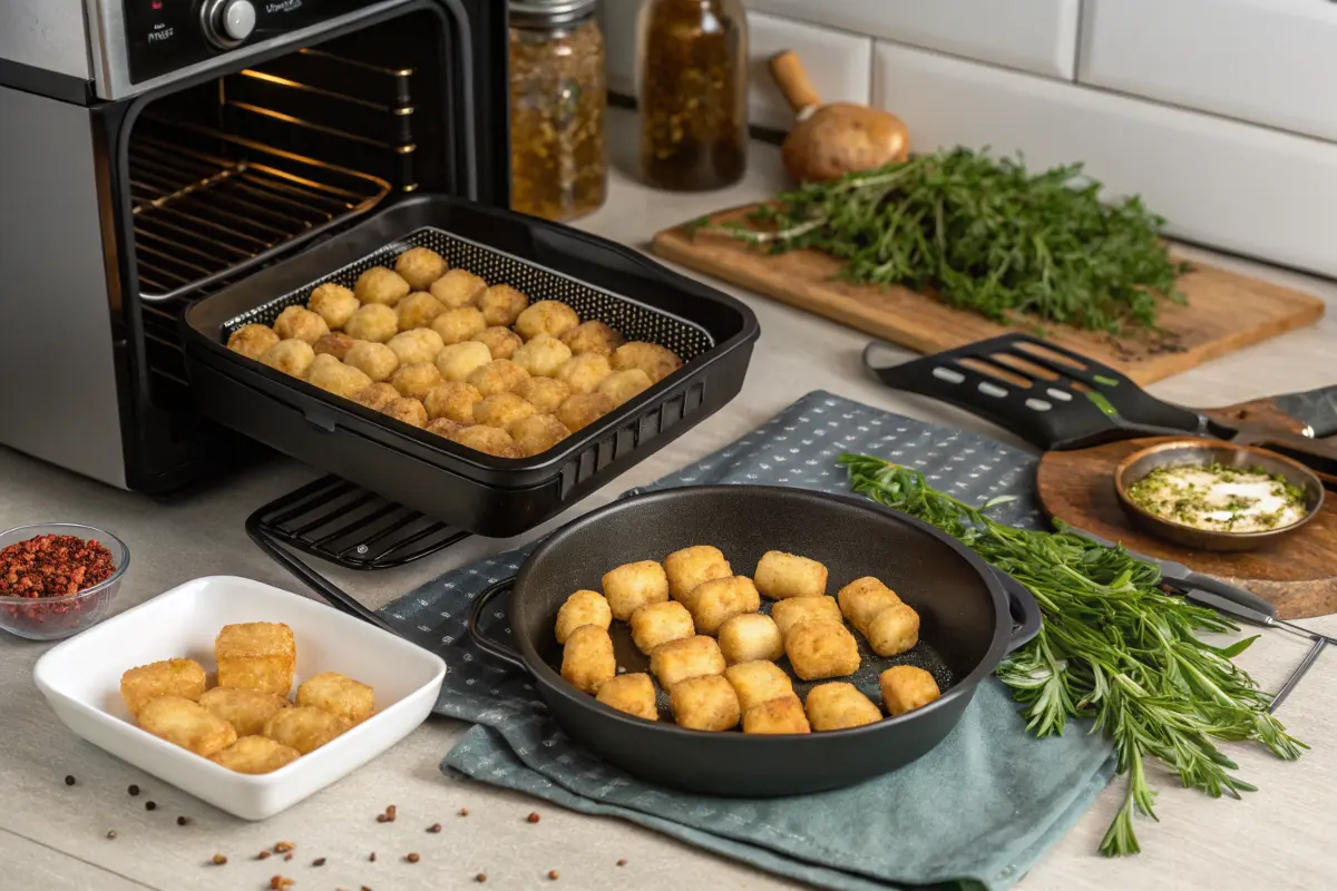 Multiple ways to cook frozen tater tots: oven-baked, air-fried, and pan-fried