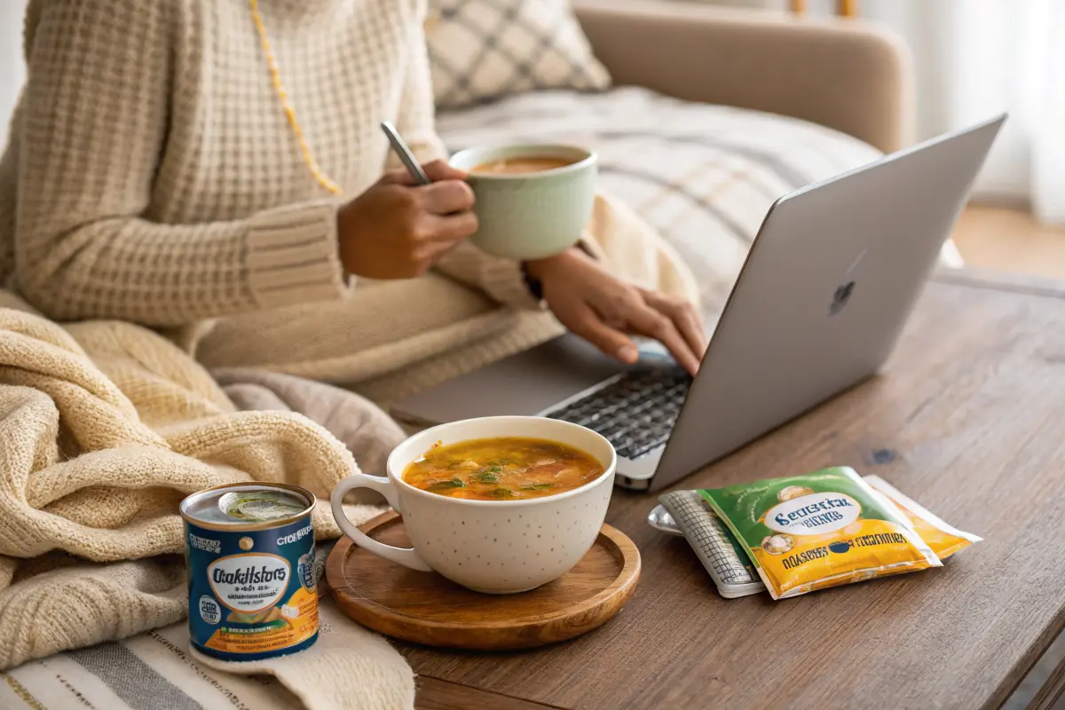 A person enjoying Progresso Soup Drops in a cozy setting