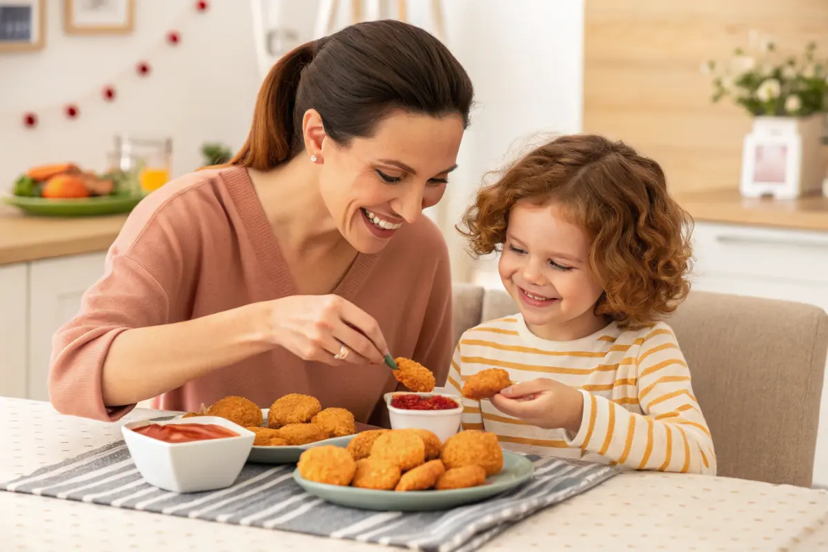 Family enjoying chicken nuggets at the dining table