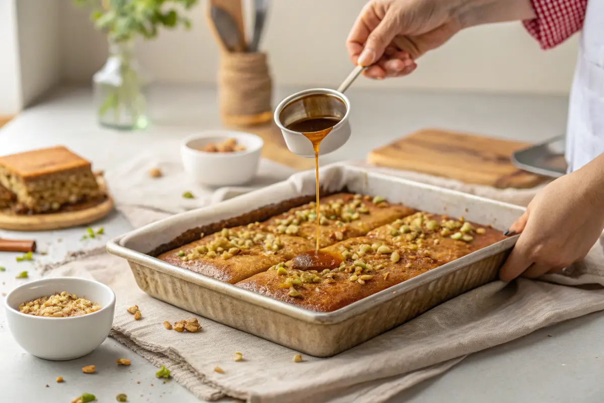 Layering nuts and syrup on baklava cake in a baking pan