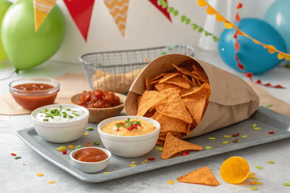 Spicy Nacho Doritos on a party table with dips and decorations