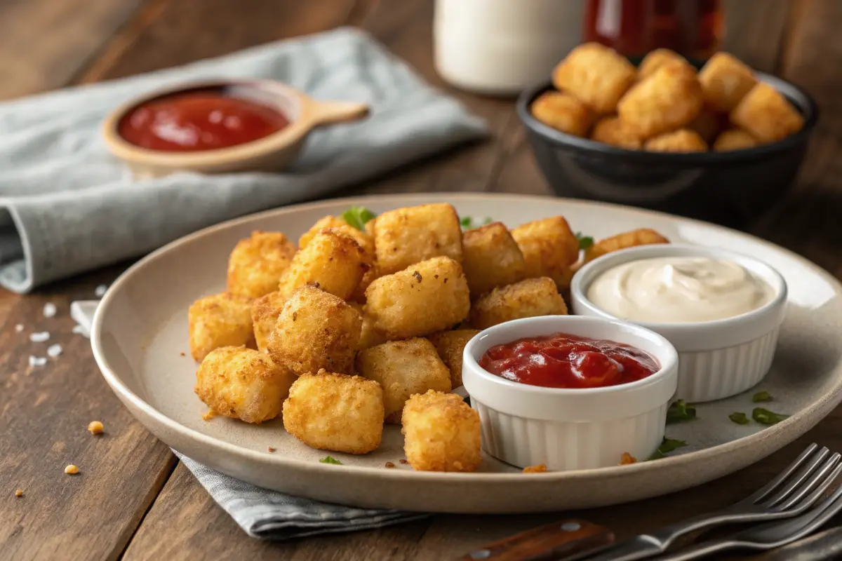 Golden crispy frozen tater tots with dipping sauces