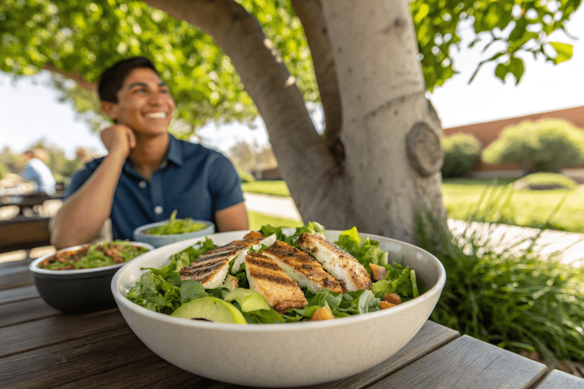 Person eating El Pollo Loco Double Avocado Chicken Salad outdoors