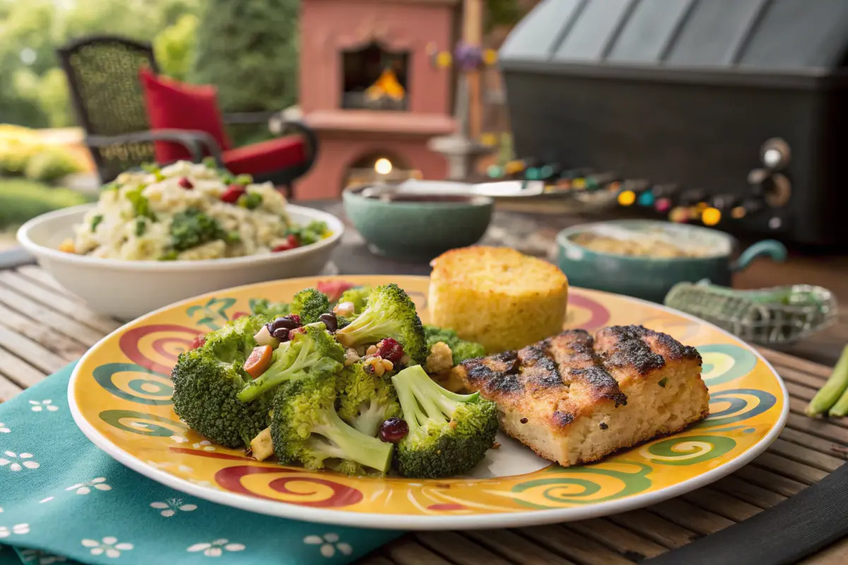 Broccoli raisin salad served with grilled chicken and cornbread