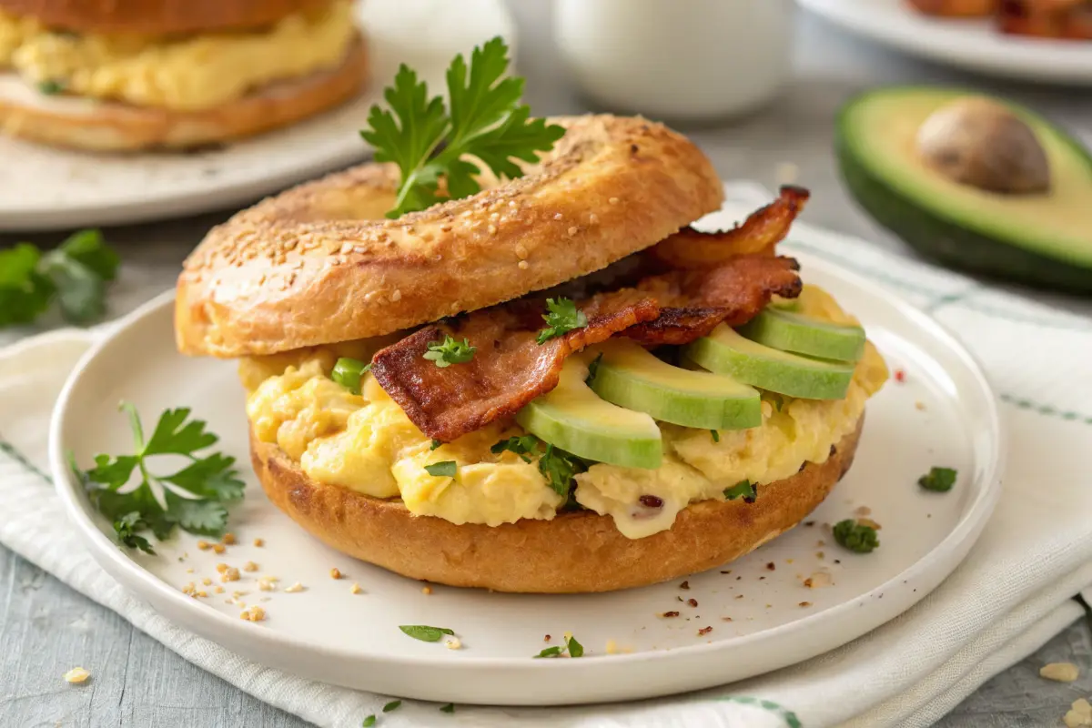 Savory French toast bagel sandwich with eggs, bacon, and avocado