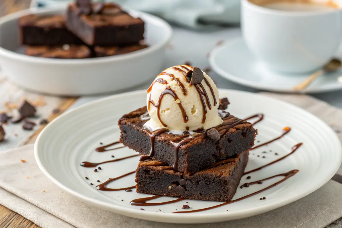 Vegan brownies served with dairy-free vanilla ice cream and melted chocolate