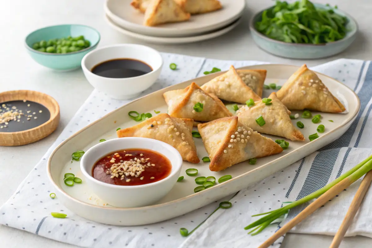 Air-fried gluten-free crab rangoons with sauces