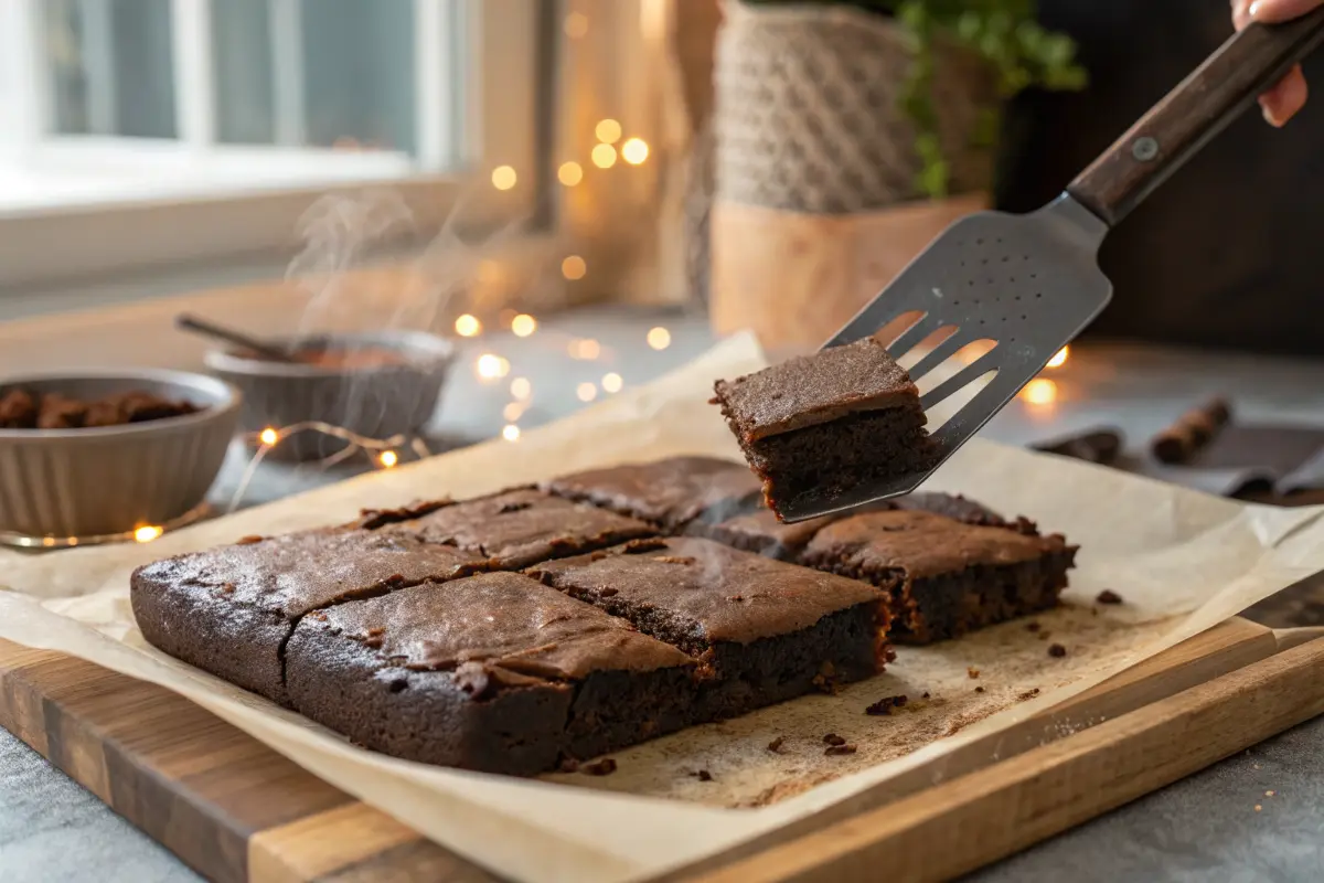 Slicing freshly baked vegan brownies with a spatula