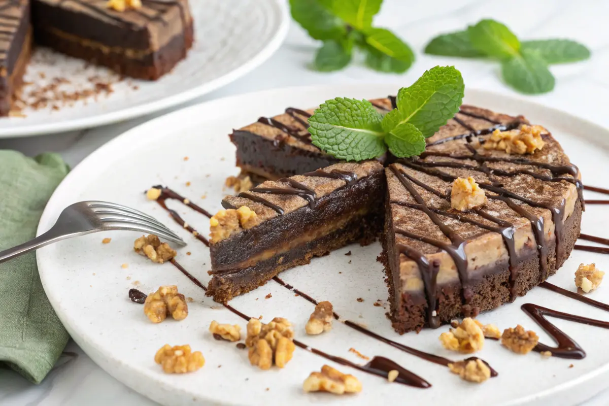 Chocolate baklava cake slice with syrup and walnuts