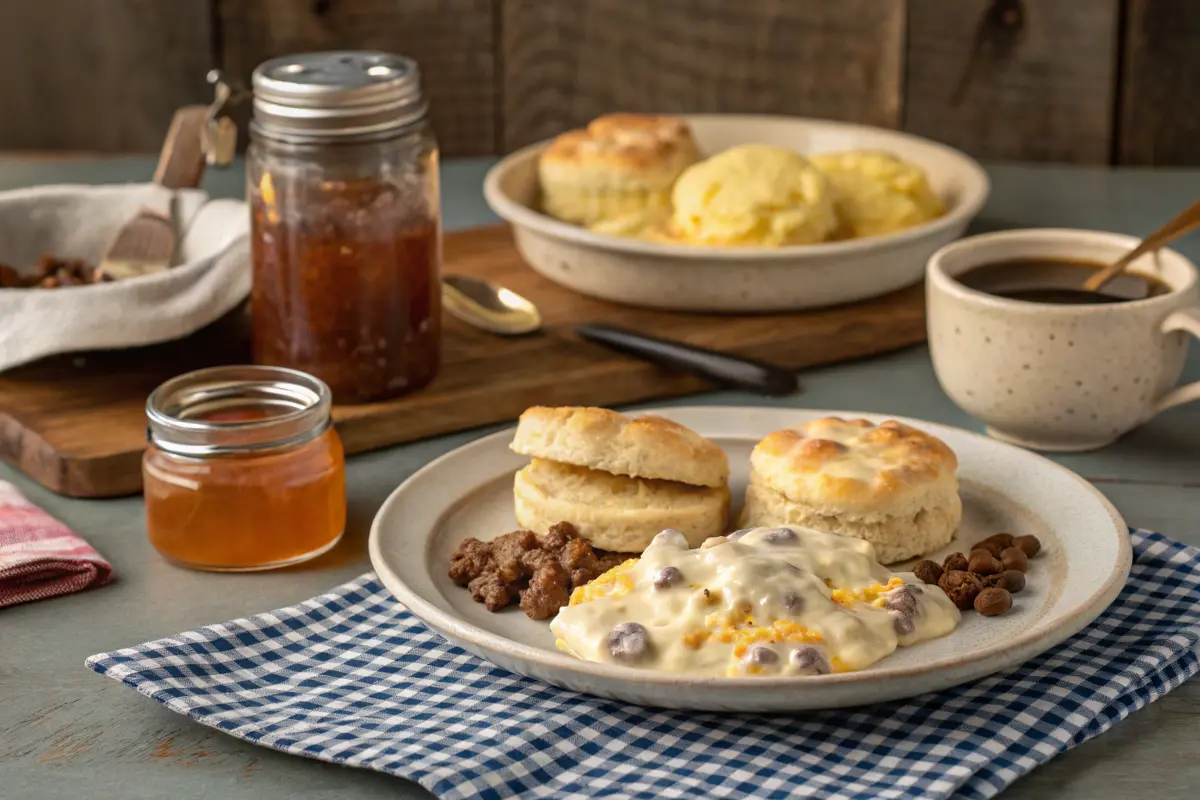 A Southern breakfast spread with biscuits, sausage gravy, and honey