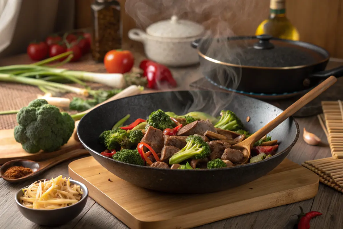 Beef and broccoli stir-fry cooking in a wok