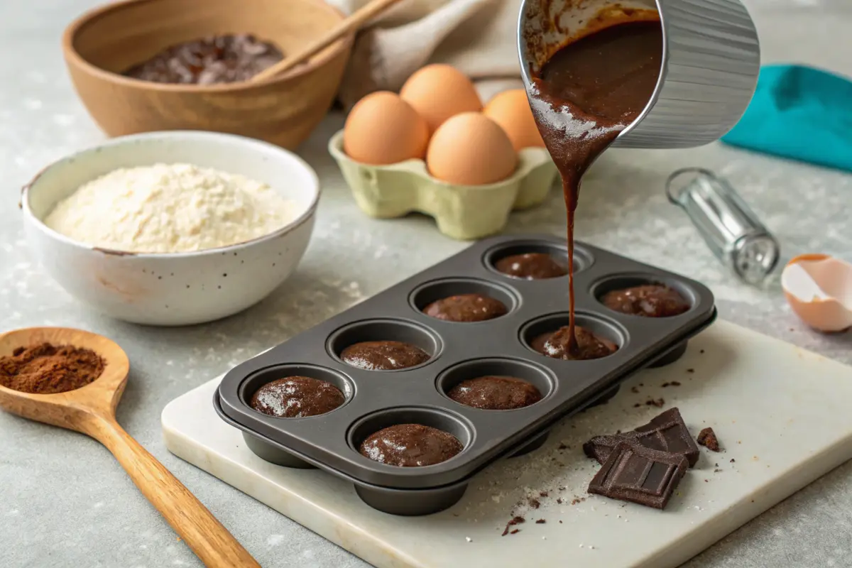 Pouring brownie batter into a mini muffin tin