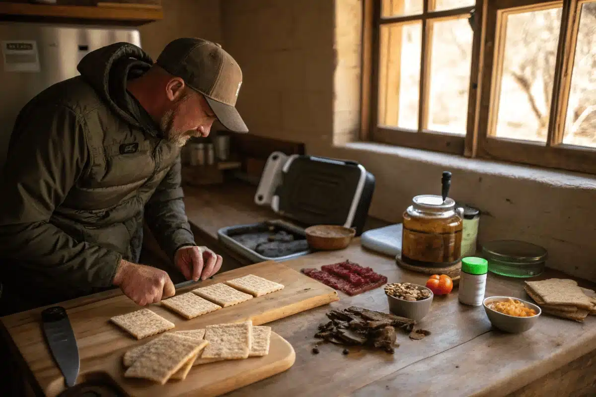 A survivalist making homemade apocalypse food like hardtack and jerky