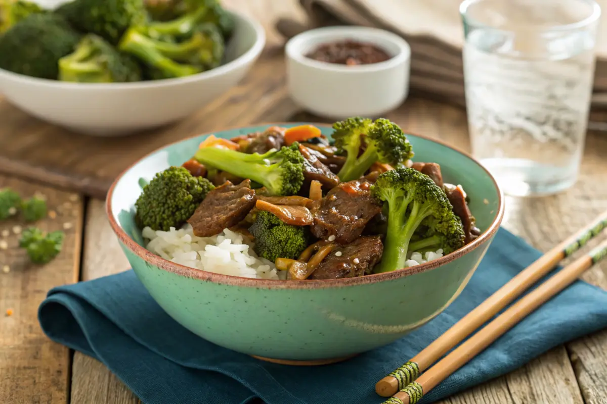 Beef and broccoli stir-fry with steamed rice on a wooden table