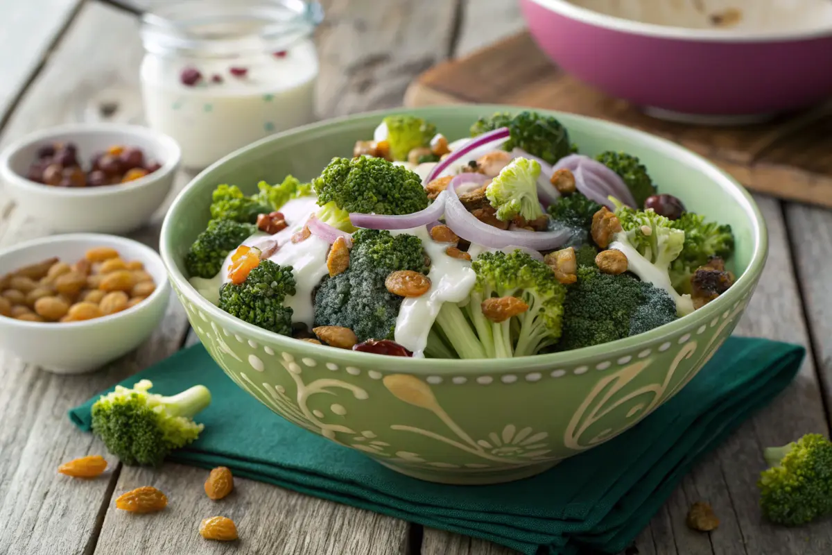 Bowl of broccoli raisin salad with fresh ingredients on a rustic table