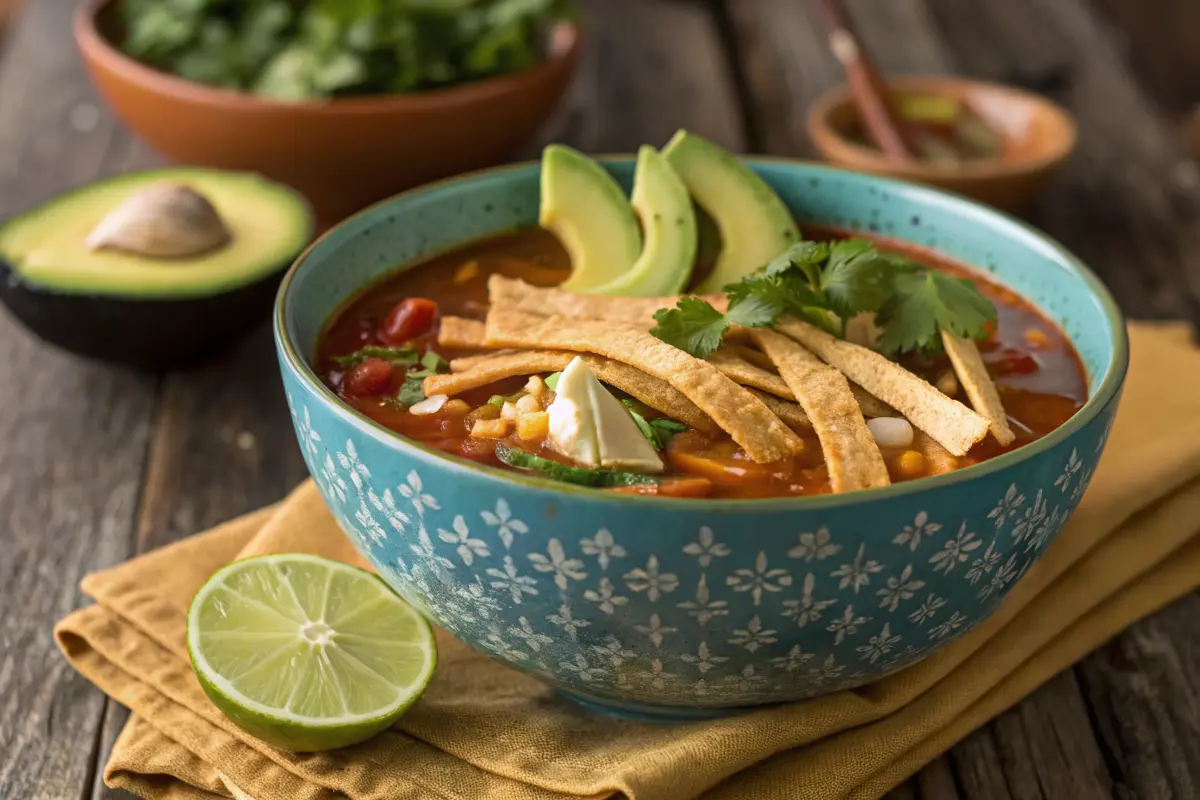 Healthy chicken tortilla soup topped with avocado and tortilla strips