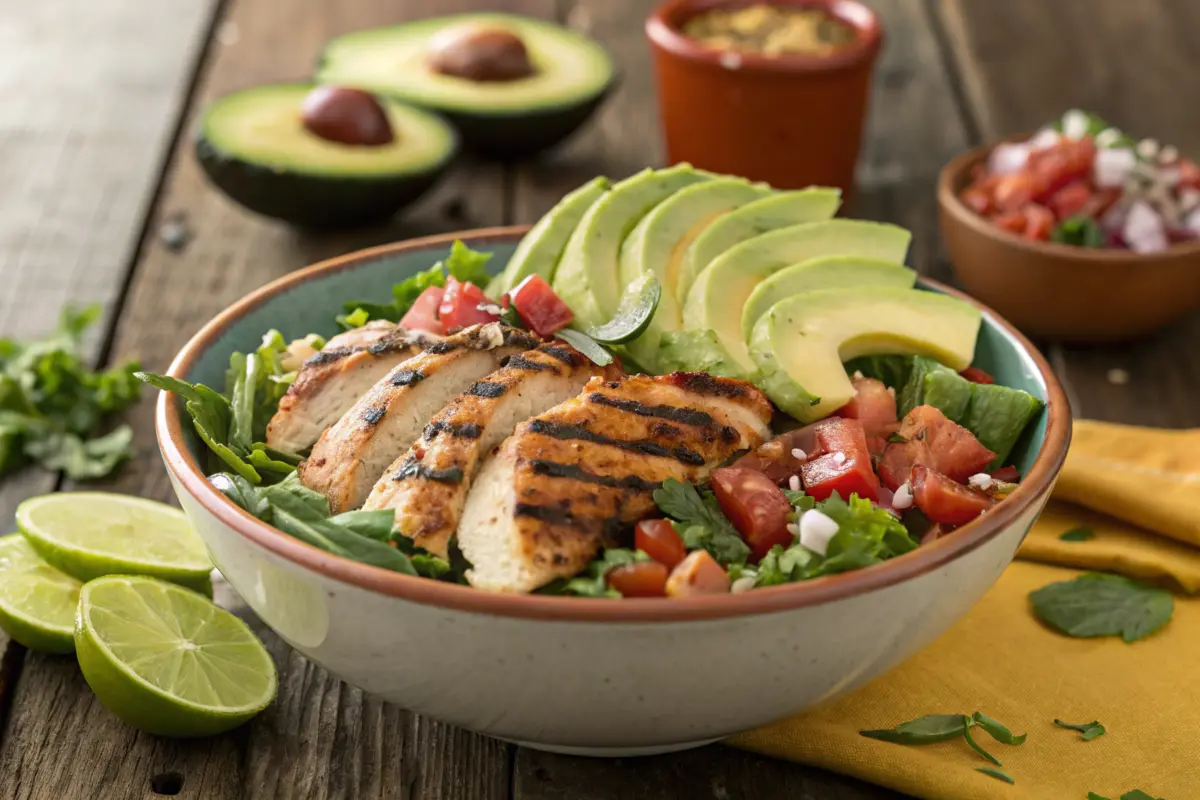 Close-up of El Pollo Loco Double Avocado Chicken Salad on a wooden table