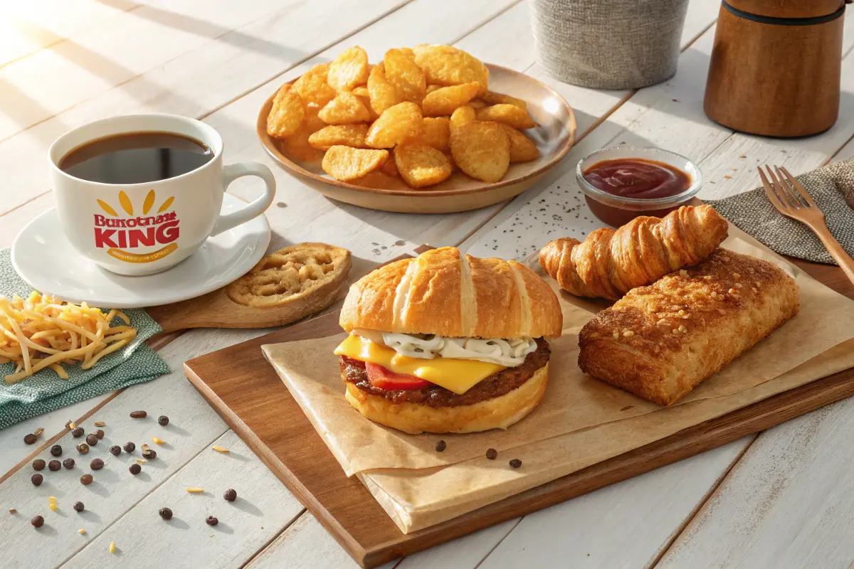 Burger King breakfast spread with Croissan’wich, hash browns, and coffee