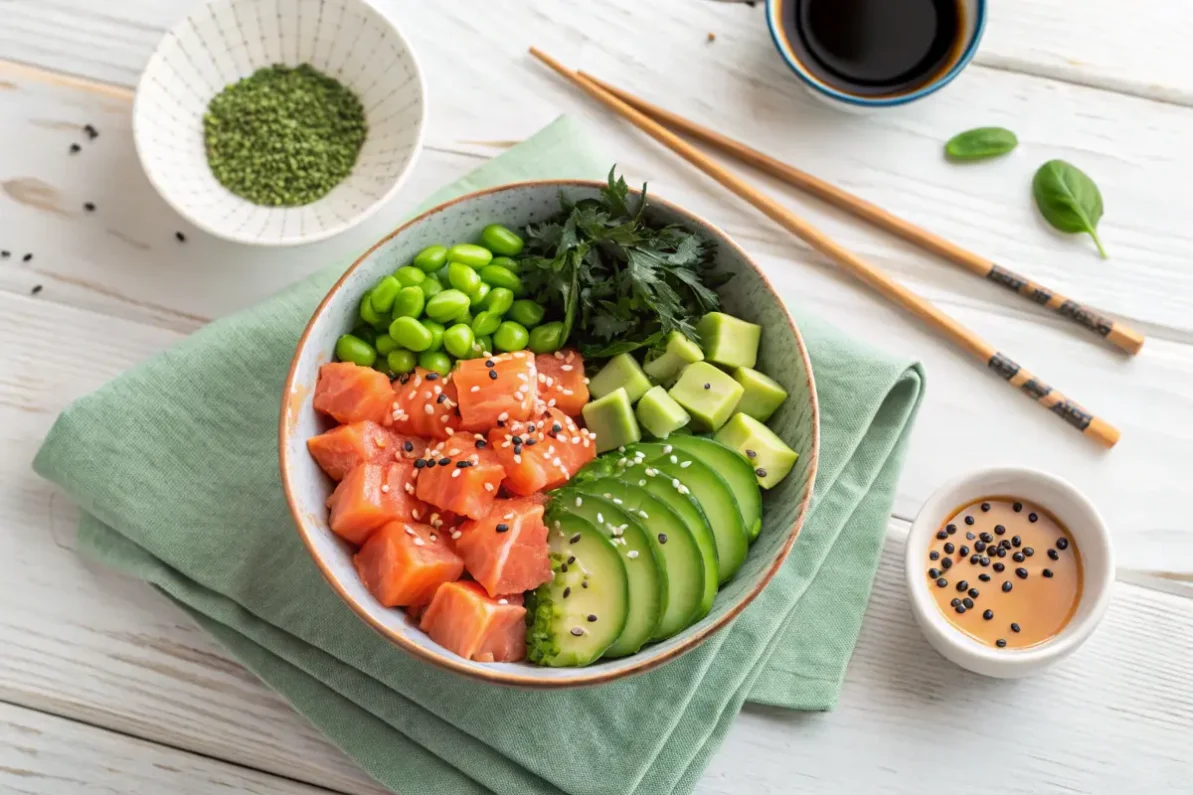 Vibrant salmon poke bowl with fresh ingredients