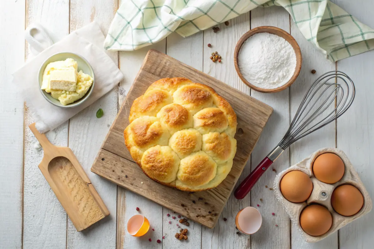 Golden fluffy cloud bread on a rustic wooden table with baking ingredients