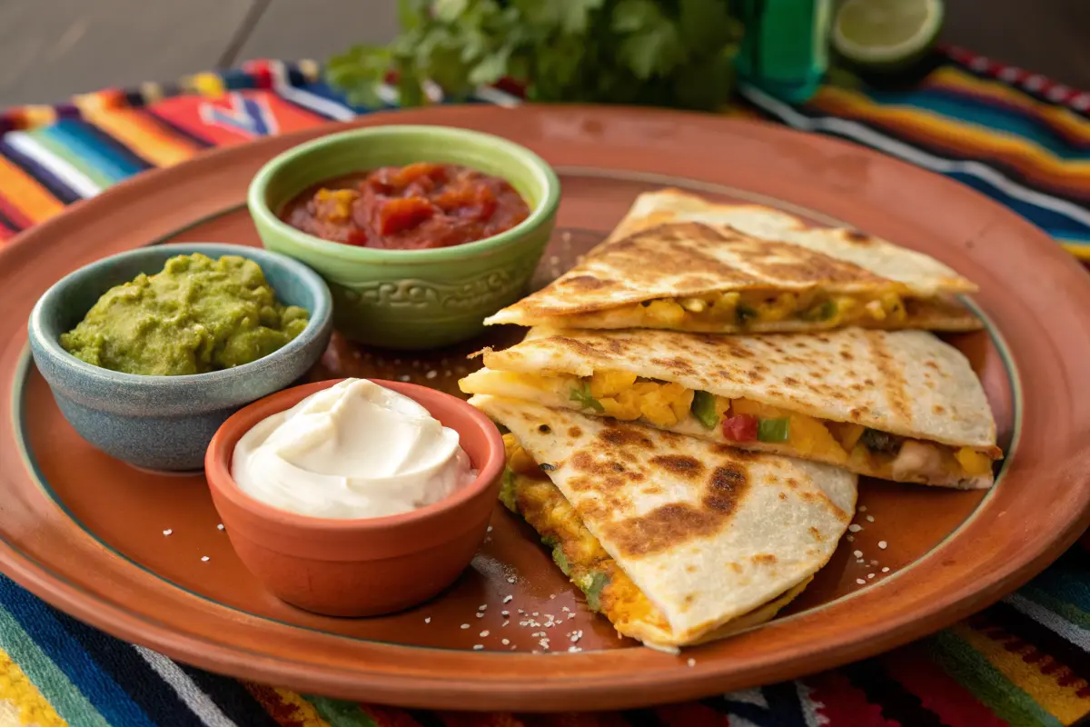 Sliced Papa Corazon Quesadilla served with guacamole and salsa verde