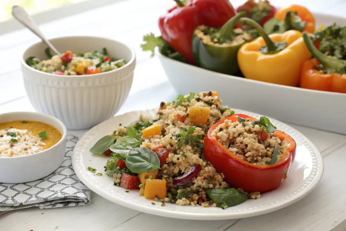 Quinoa salad and stuffed bell peppers on a white ceramic plate