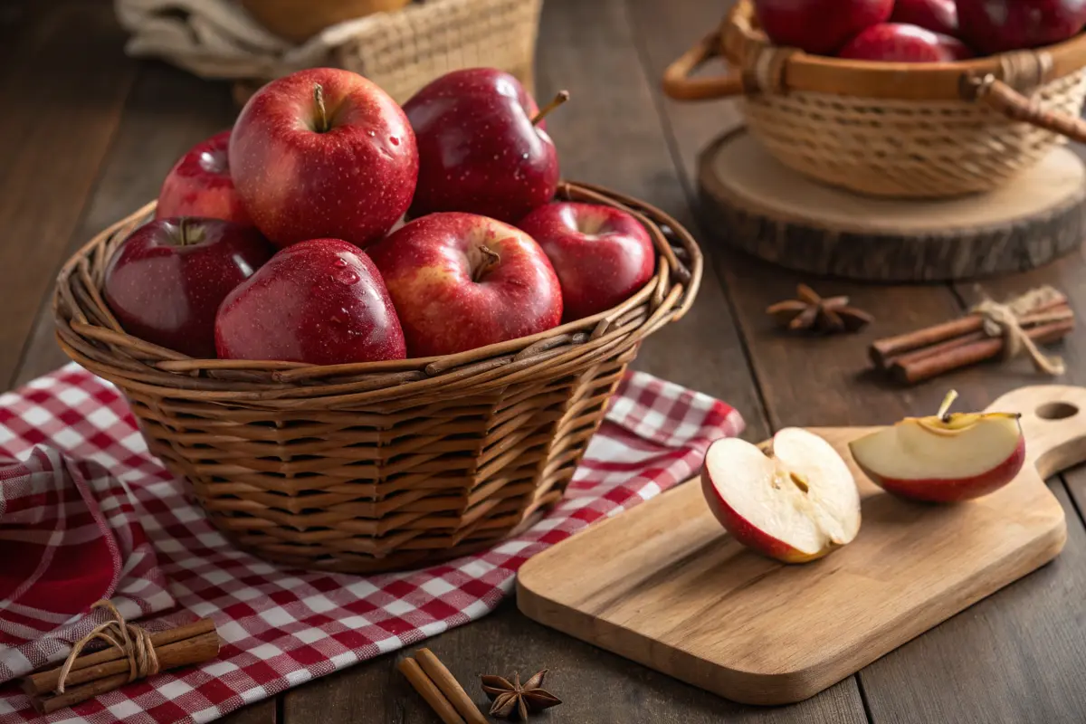 Fresh Red Delicious apples in a rustic kitchen setting