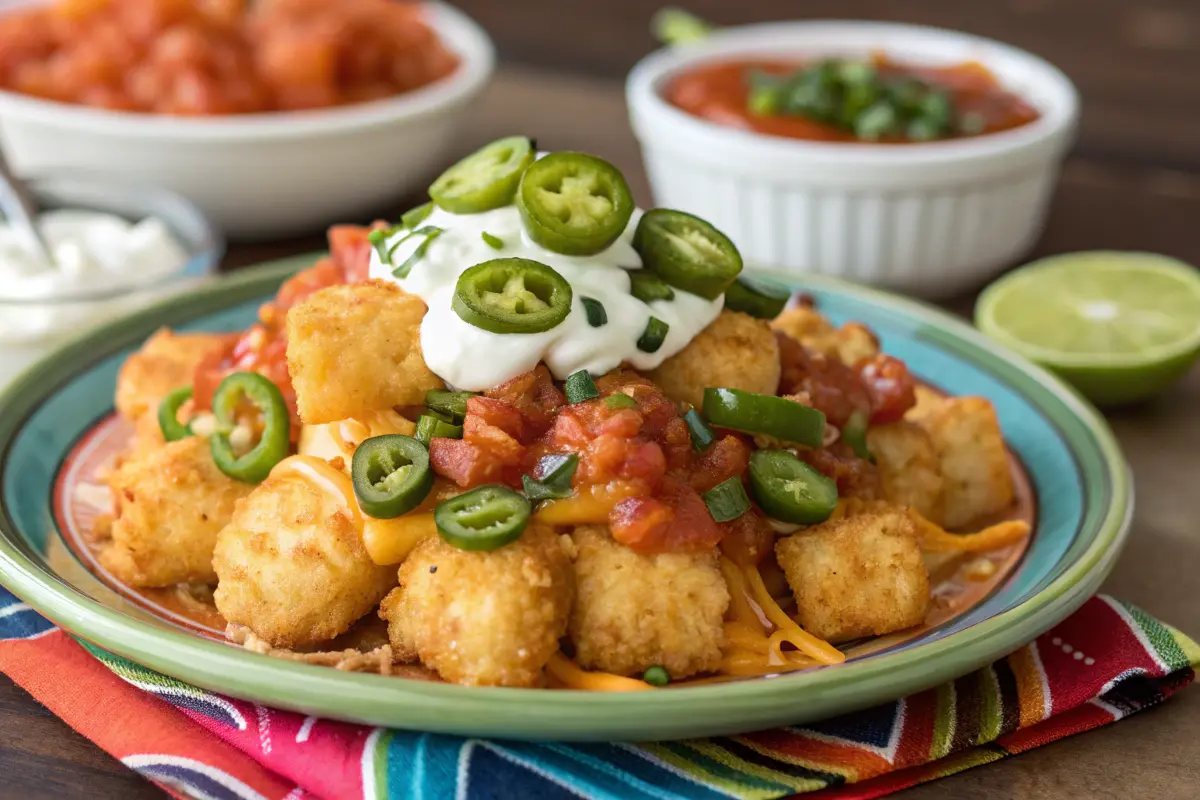 Tater tot nachos loaded with cheese, jalapeños, and sour cream