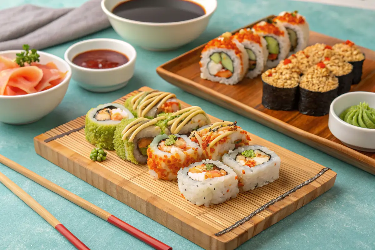 Variations of Salmon Avocado Rolls on Sushi Board