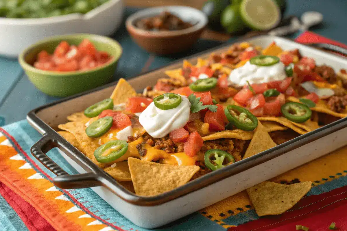 Loaded nachos made with Spicy Nacho Doritos topped with melted cheese and jalapeños