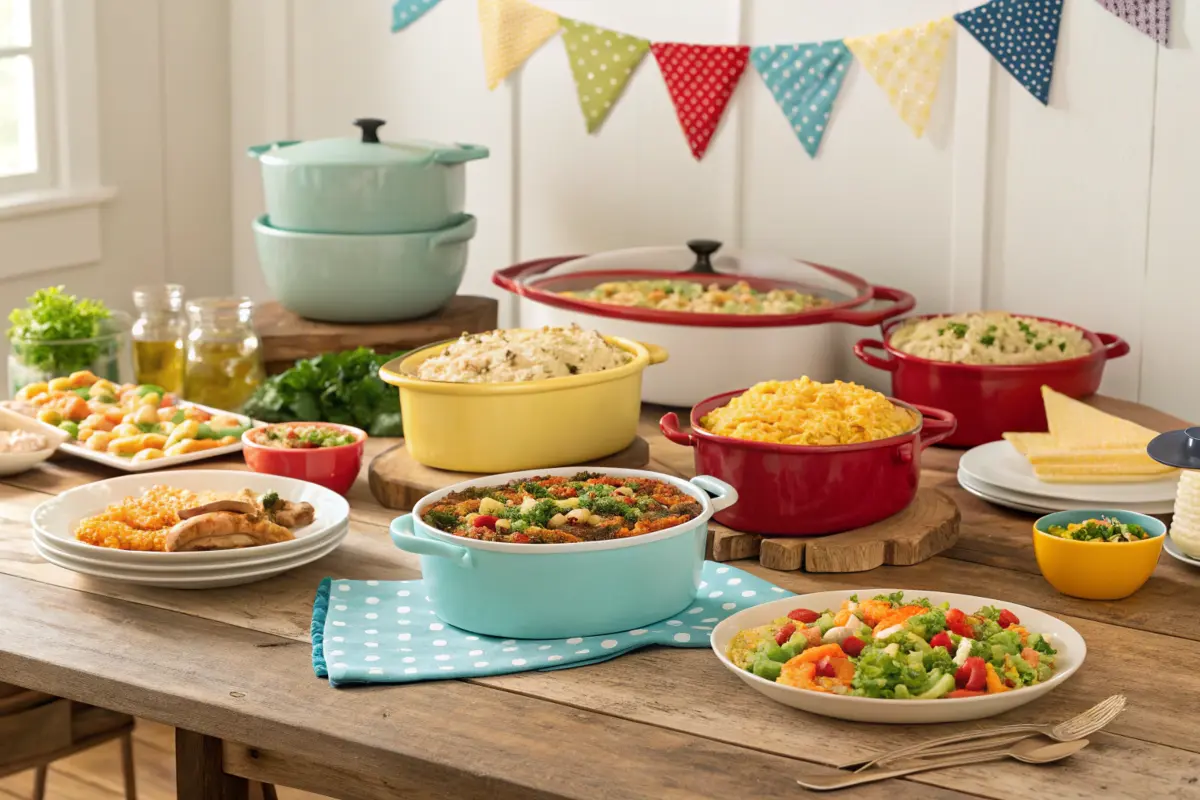 Array of colorful potluck dishes on a rustic table.