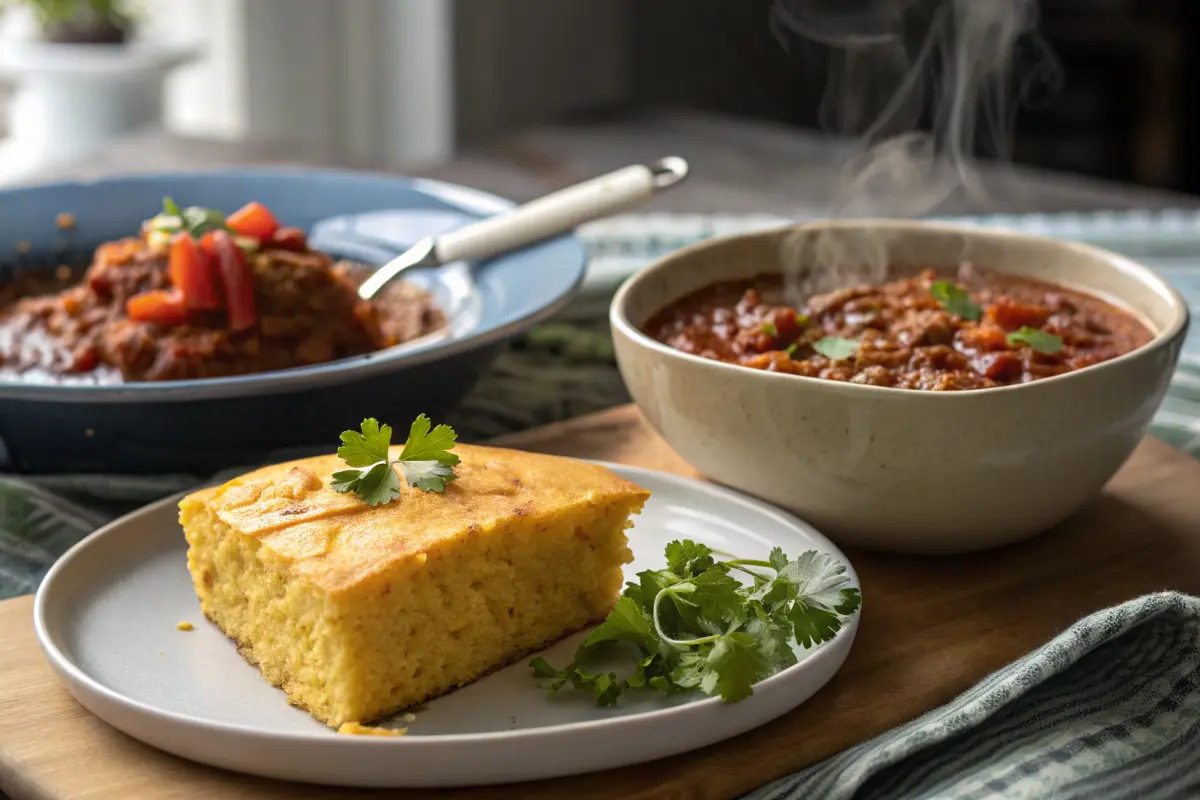 A slice of masa cornbread paired with chili on a plate