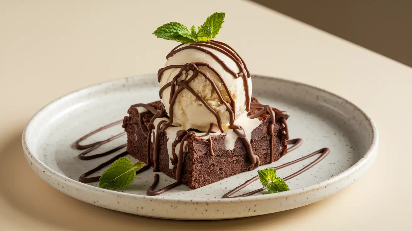 Warm brownie with frozen ice cream and chocolate sauce