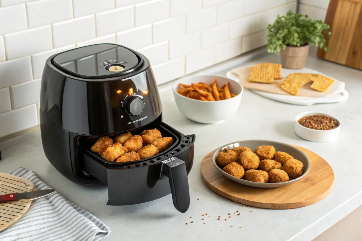 Chicken nuggets cooking in an air fryer on a countertop